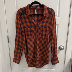 Free People Lace Accent Snap Up Top Medium Orange Blue Plaid Oversize Boho